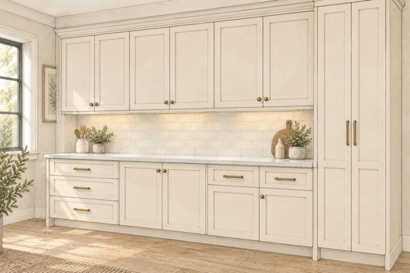 Hand-drawn bright kitchen wall with base cabinets, a clear counter gap, wall cabinets to crown molding and one tall pantry cabinet at the end.