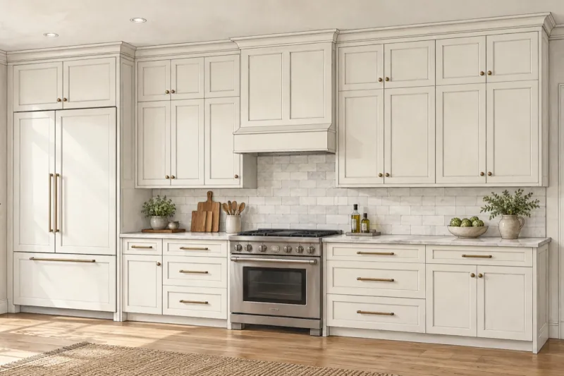Illustration of wall cabinets with a stacked upper row and crown that meet the ceiling in a finished kitchen.