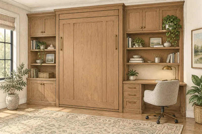 Hand-drawn bright bedroom-office with a vertical Murphy bed folded inside built-in wood cabinetry, side cabinets, open shelves and a desk.